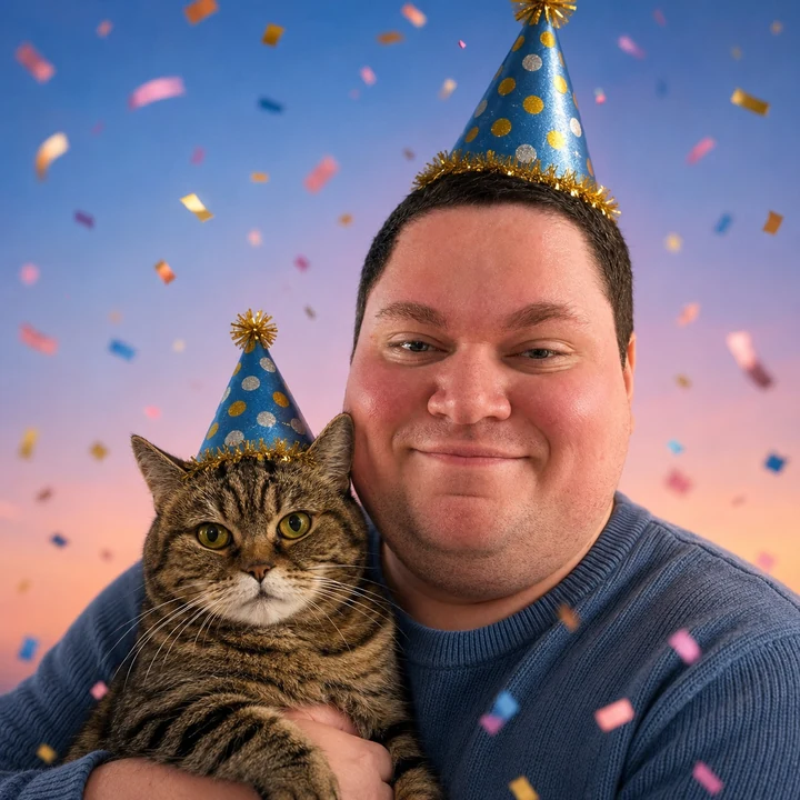 Tim smiling with his cat in party hats