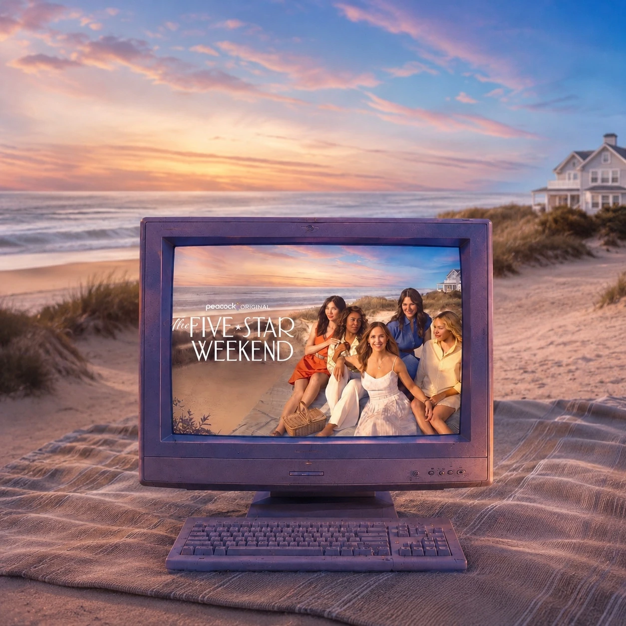 A retro television on a beach displaying The Five-Star Weekend