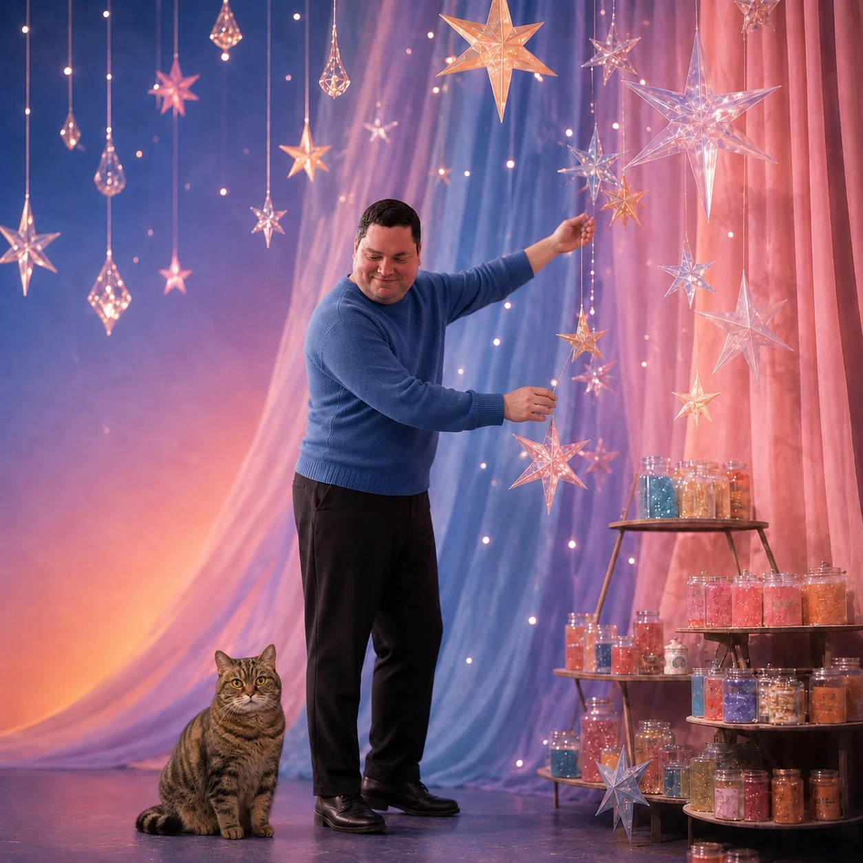 Tim arranging illuminated stars with his cat nearby